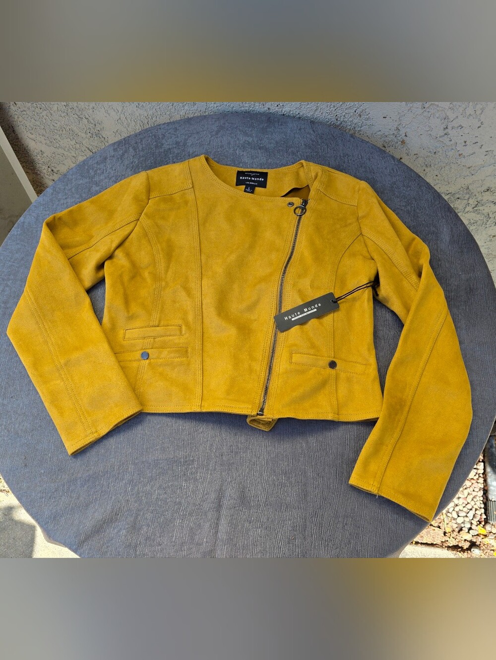Haute Monde Faux Suede Jacket Sz LARGEVegan Full Zip Mustard Yellow Cropped Moto